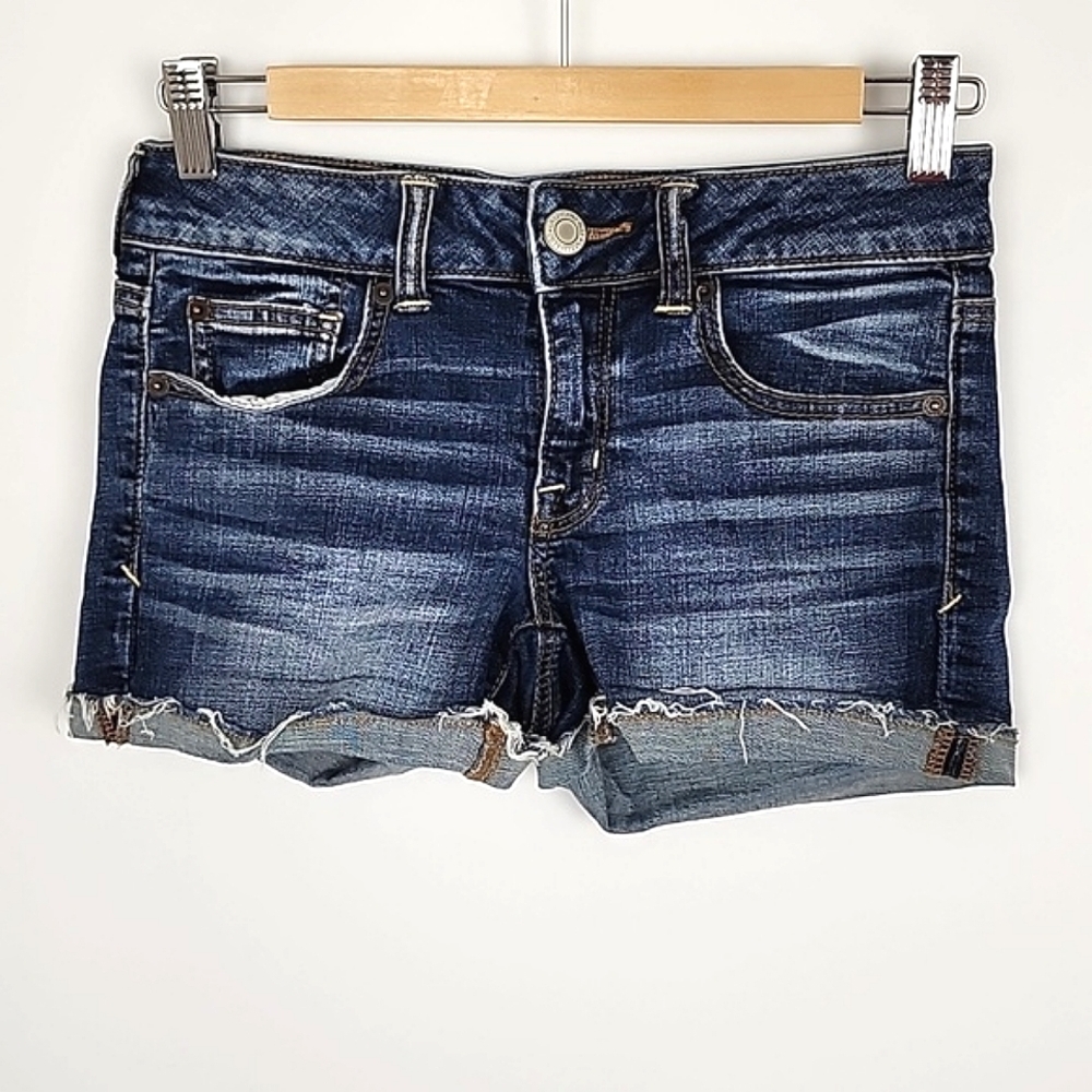 American  Eagle Denim Super Stretch Blue Jean Shortie Shorts Dark Blue Fade Sz 2